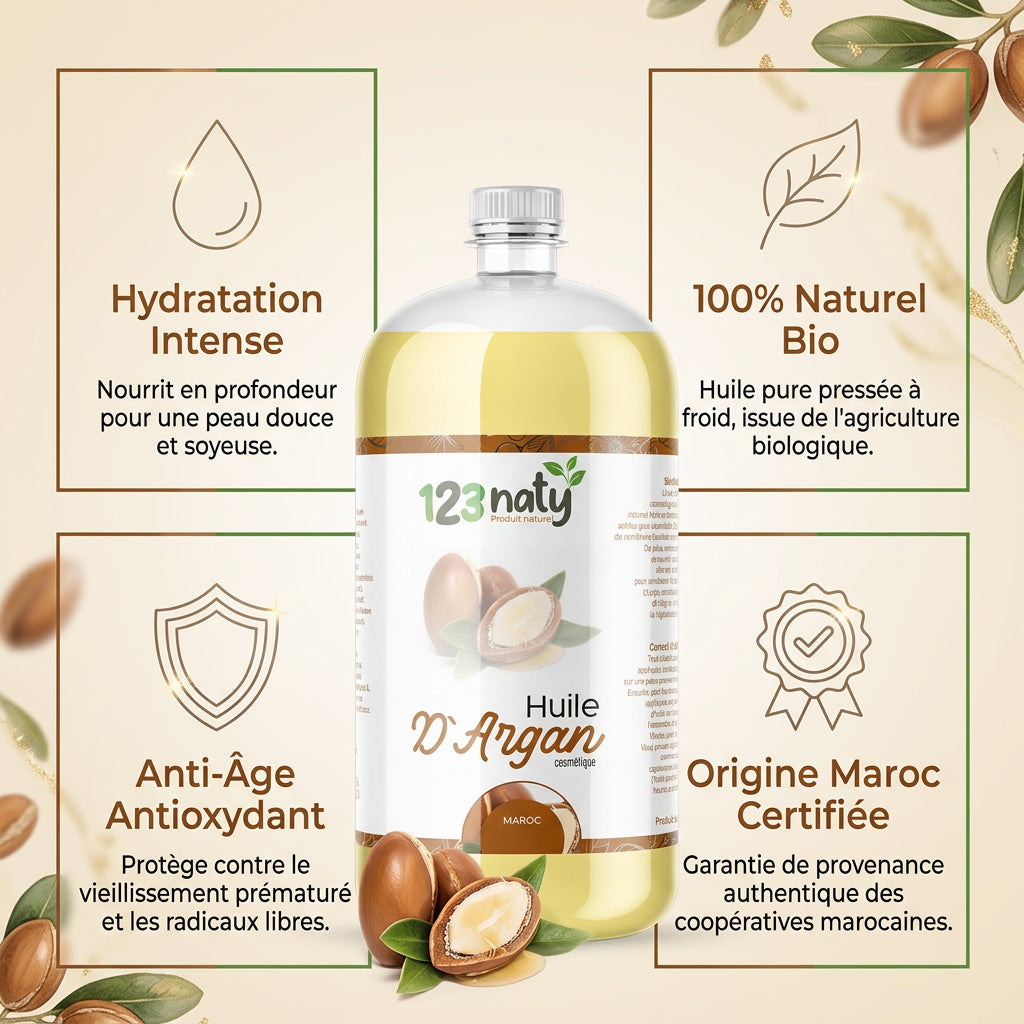 Huile d'Argan cosmétique - infographie bénéfices