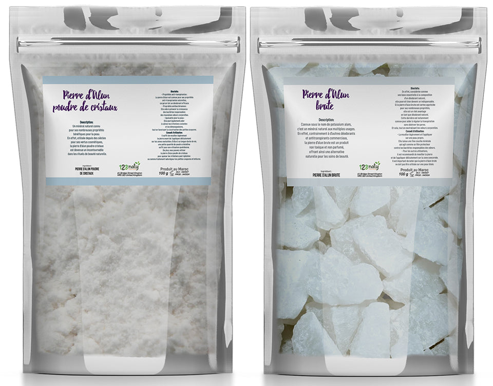 Pack 100g Pierre d'Alun brute & 100g Pierre d'Alun Poudre Cristaux | 123NATY — pack de 2 produits