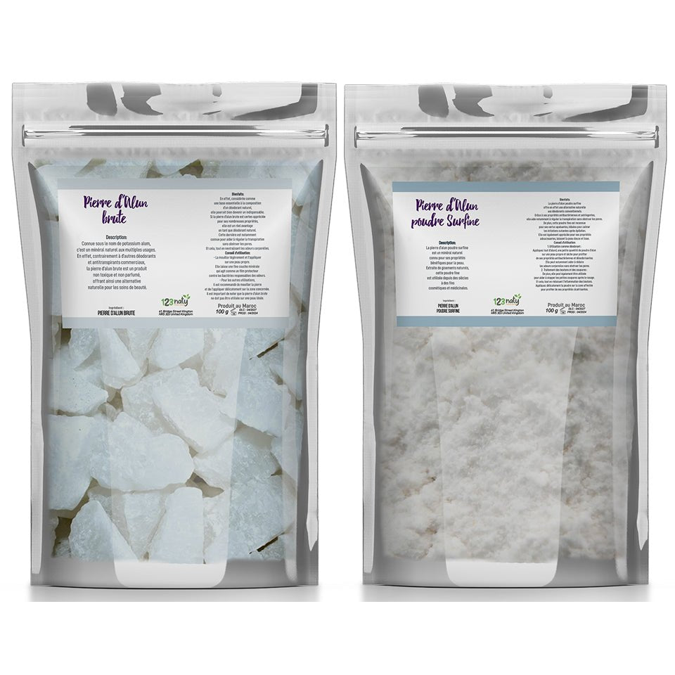Pack 100g Pierre d'Alun brute & 100g Pierre d'Alun Poudre Surfine | 123NATY — pack de 2 produits