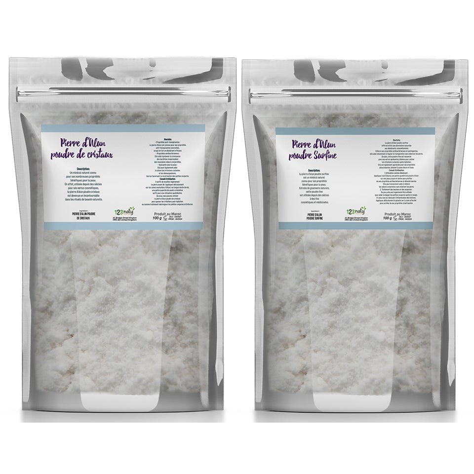 Pack 100g Pierre d'Alun Poudre Surfine & 100g Pierre d'Alun Poudre Cristaux | 123NATY — pack de 2 produits