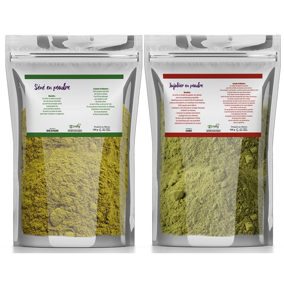 Pack 100g Feuille de Séné en Poudre & 100g Feuille de Jujubier (Sidr) en Poudre | 123NATY — pack de 2 produits