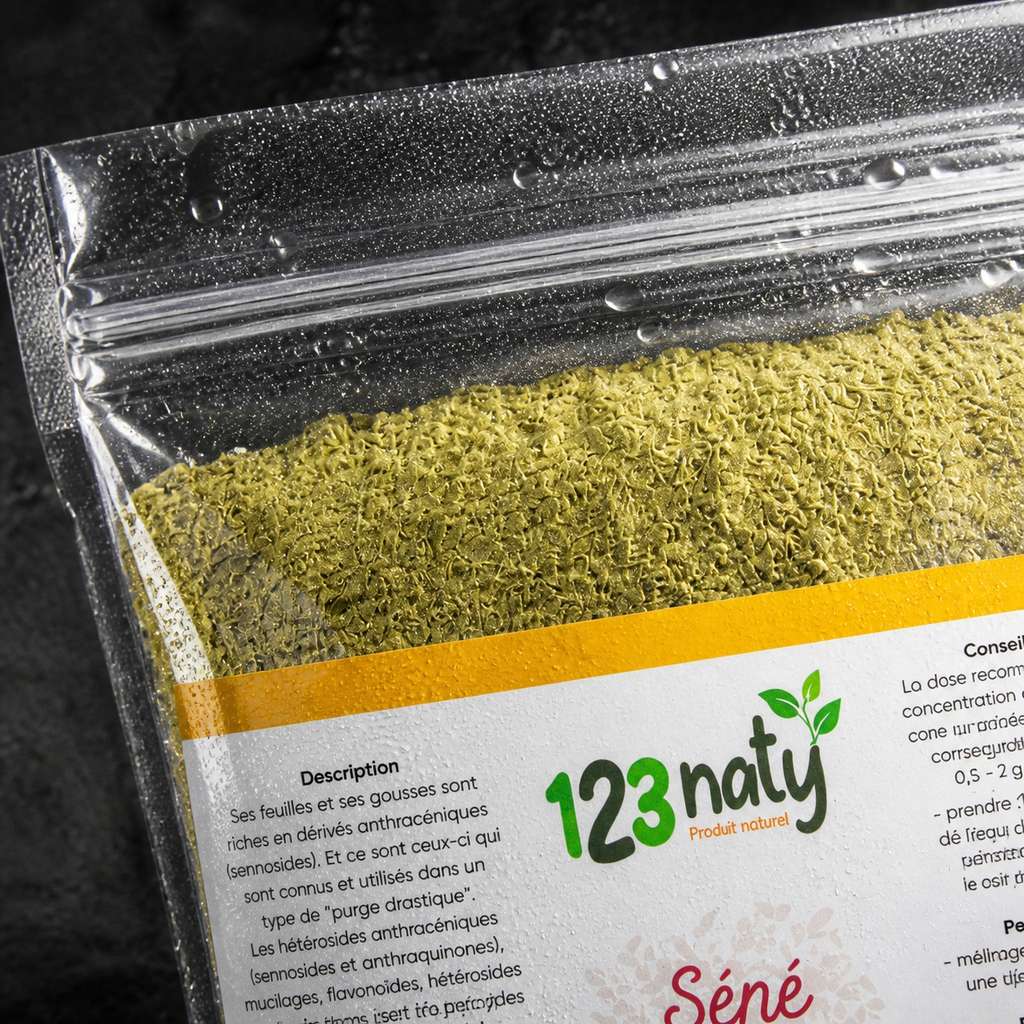 100g Feuille de Séné en Poudre | 123NATY — Détail macro du flacon