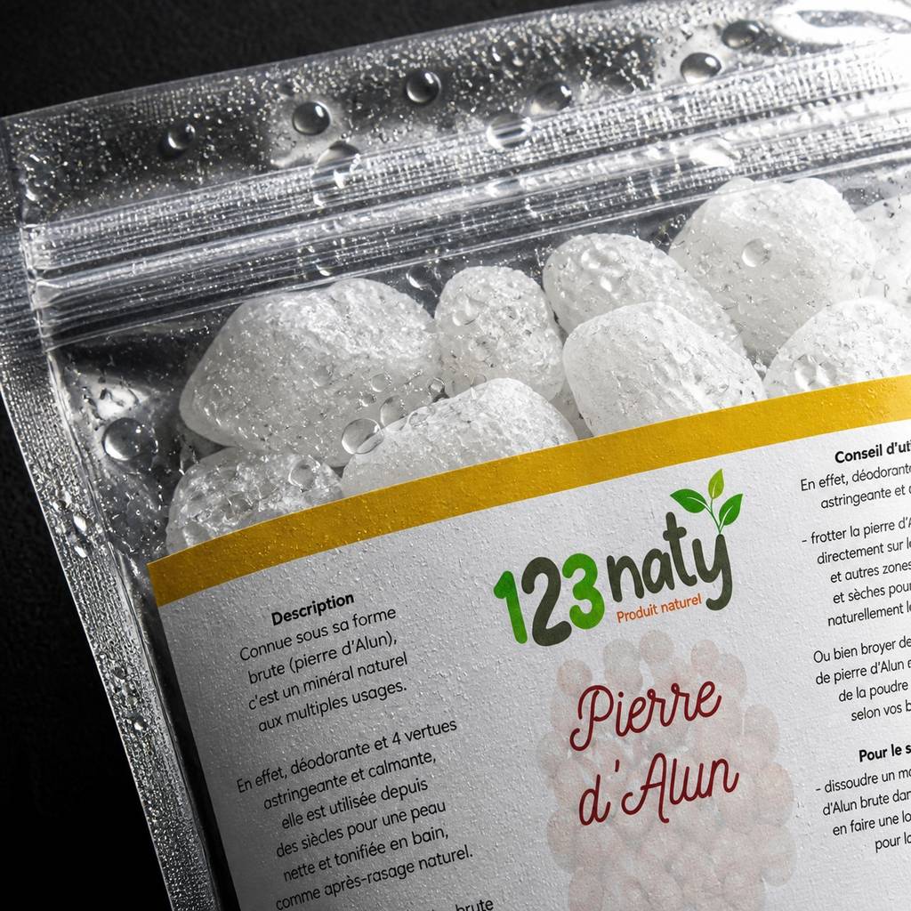 Pierre d’alun brute 100 g | 123NATY — Détail macro du flacon