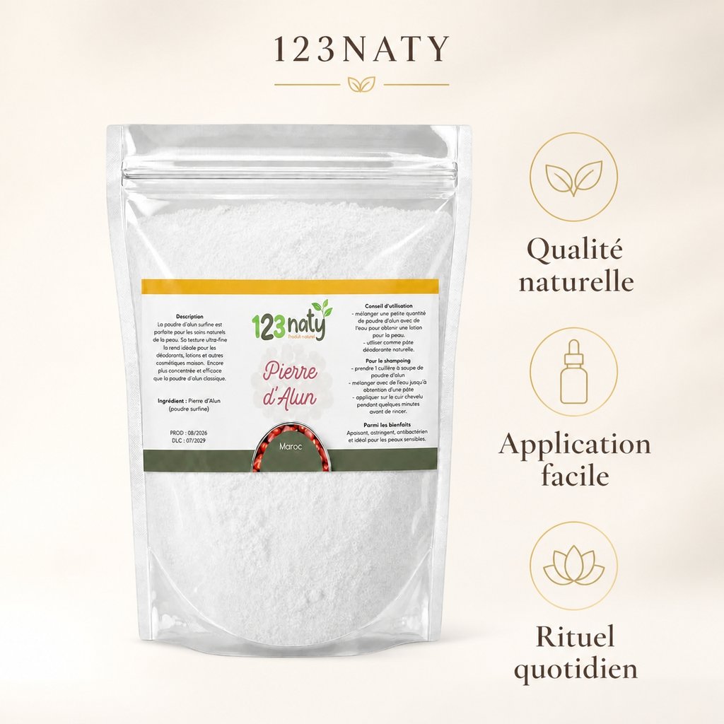 100g Pierre d'Alun Poudre Surfine | 123NATY — Infographie bénéfices clés