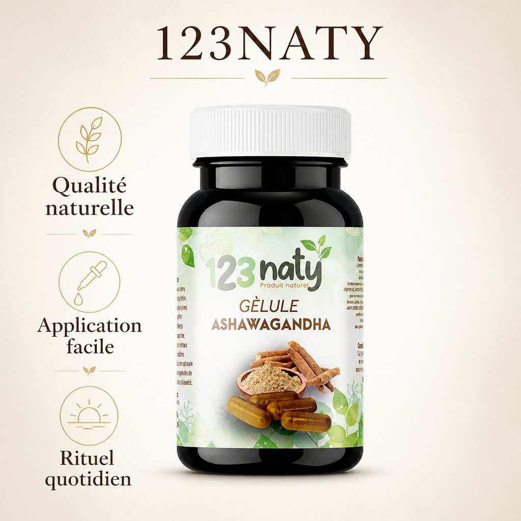 120 Gélules Ashwaganda 100% Naturel | 123NATY — Infographie bénéfices clés