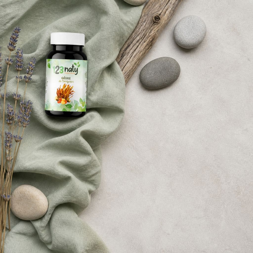120 Gélules Cordyceps – Champignon Médicinal – Santé & Performance | 123NATY — Ambiance flat lay