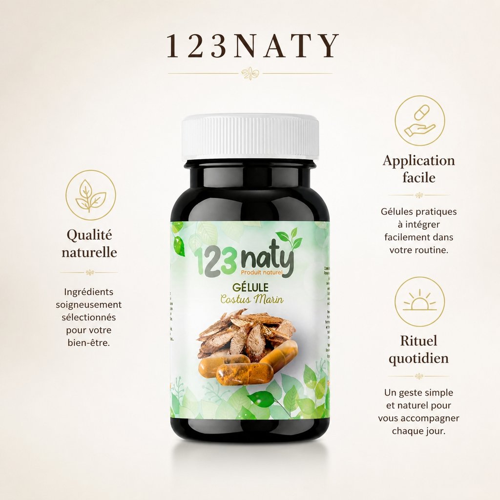 120 Gélules de Costus Marin – Plante Médicinale – Vitalité & Détox Naturelle | 123NATY — Infographie bénéfices clés