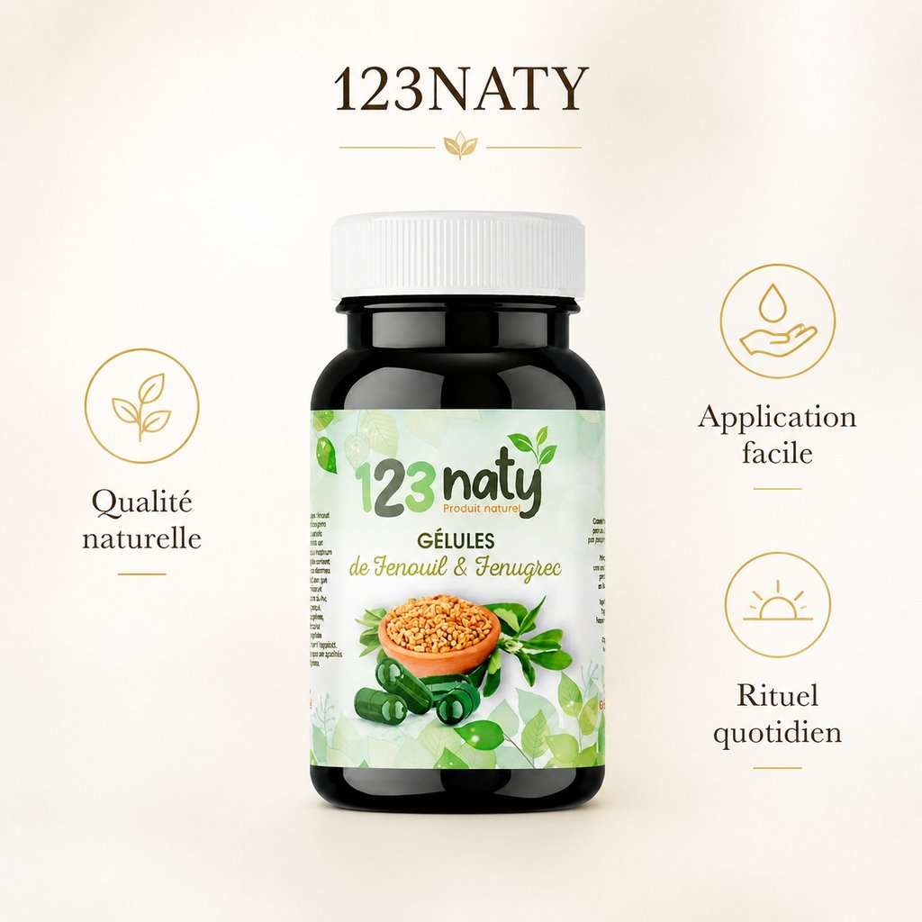120 Gélules de Fenouil et Fenugrec – Plantes Médicinales – Santé & Vitalité Naturelle | 123NATY — Infographie bénéfices clés