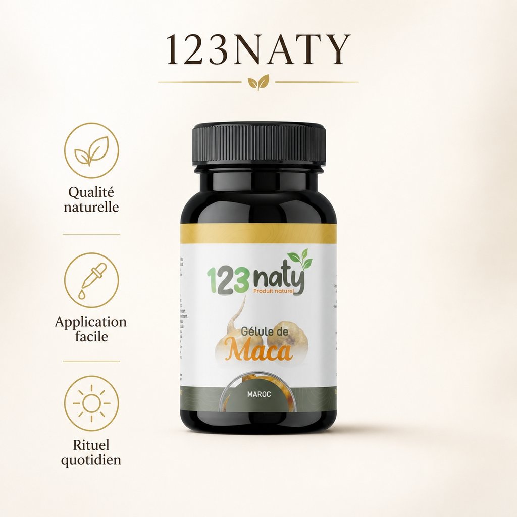 Maca 120 Gélules Végétales | 123NATY — Infographie bénéfices clés