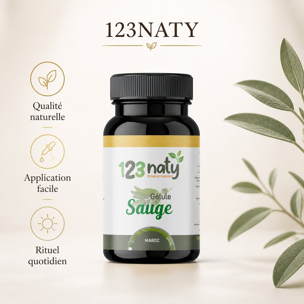 Sauge en Gélules – 280 mg – 120 Gélules – Bien-être Féminin | 123NATY — Infographie bénéfices clés