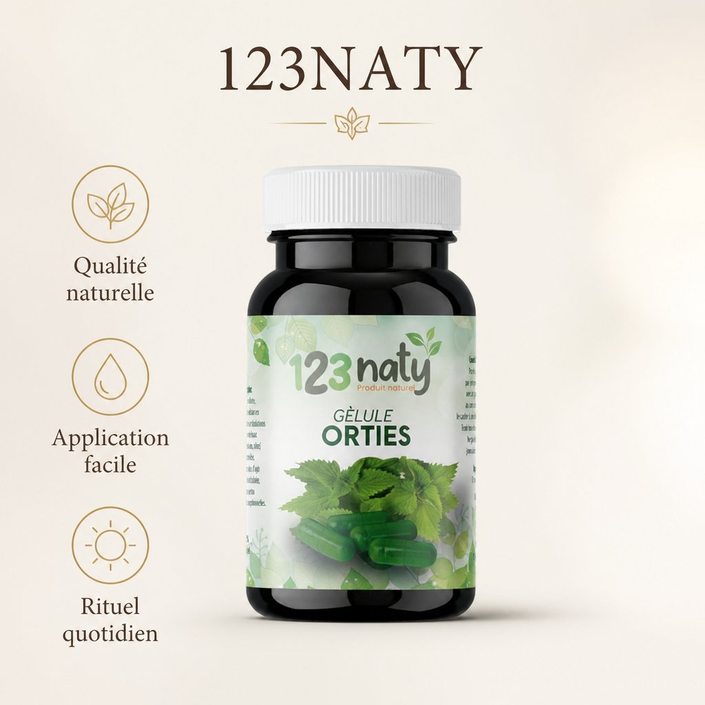 120 Gélules d'ortie 100% Naturel | 123NATY — Infographie bénéfices clés