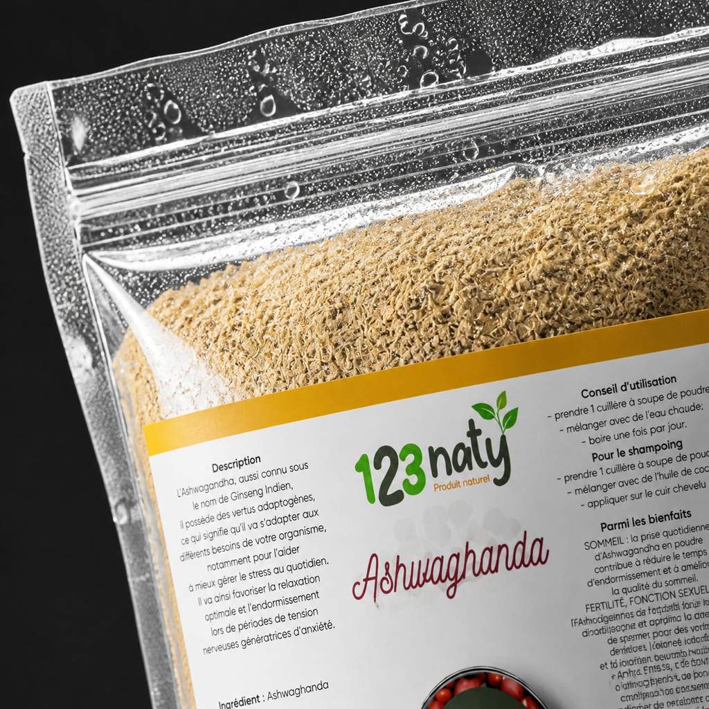 1kg Ashwaghanda | 123NATY — Détail macro du flacon