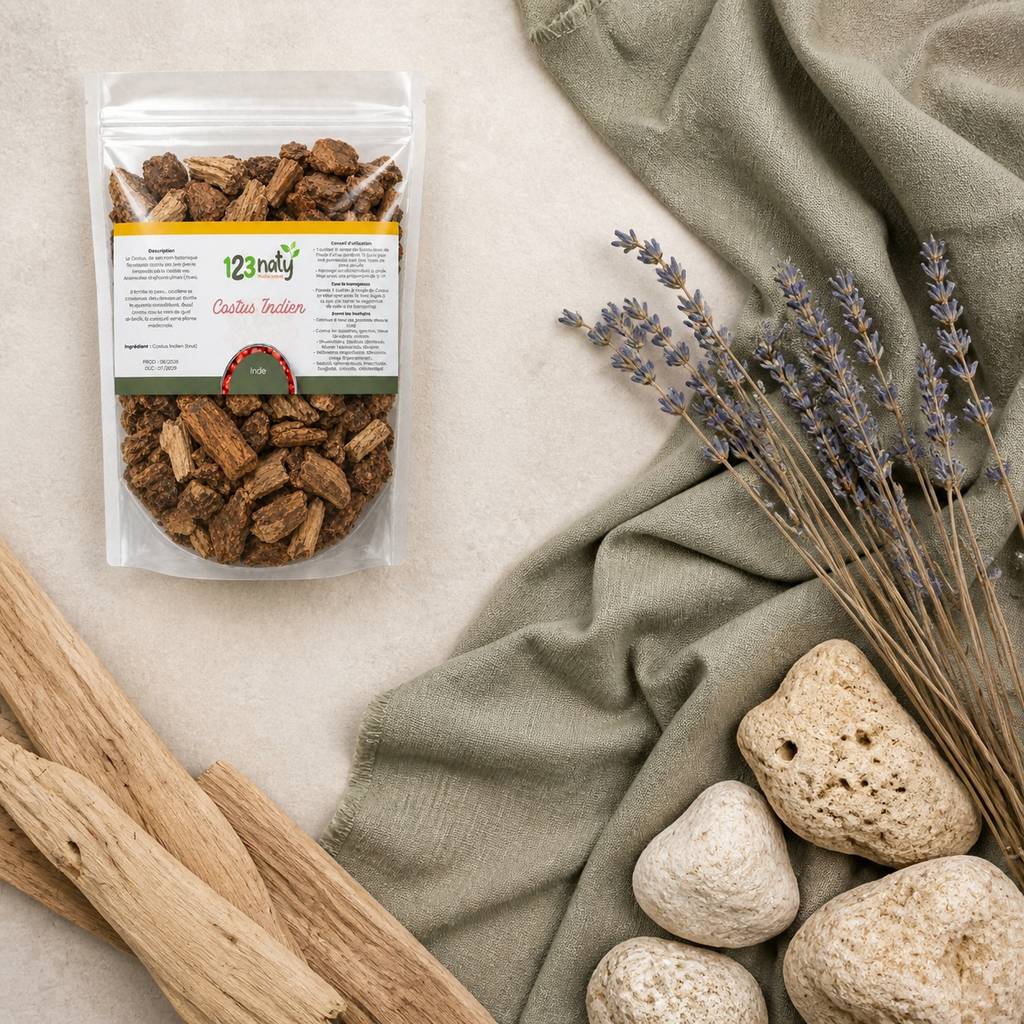 1kg Costus Indien Brut – 100% Naturel – Santé & Bien-être | 123NATY — Ambiance flat lay