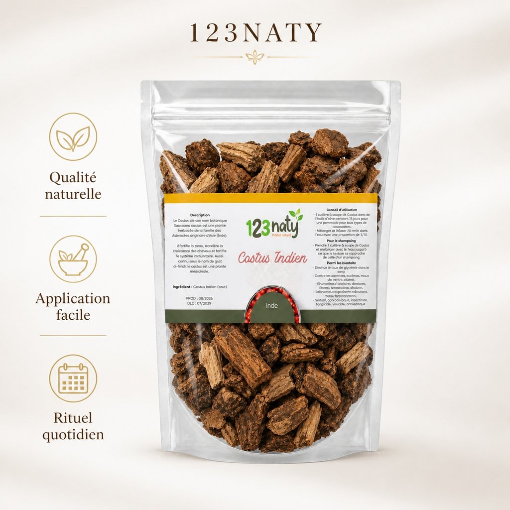 1kg Costus Indien Brut – 100% Naturel – Santé & Bien-être | 123NATY — Infographie bénéfices clés