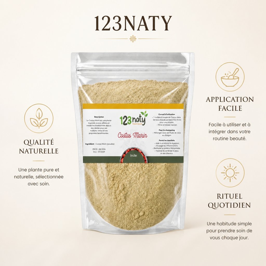1kg Costus Marin Poudre – Plante Traditionnelle – Santé & Bien-être | 123NATY — Infographie bénéfices clés
