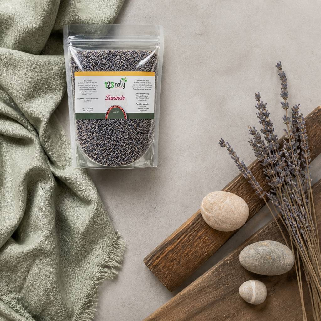 1kg Fleurs de Lavande Séchées – 100% Naturelles – Infusion Apaisante & Bien-être – Qualité | 123NATY — Ambiance flat lay