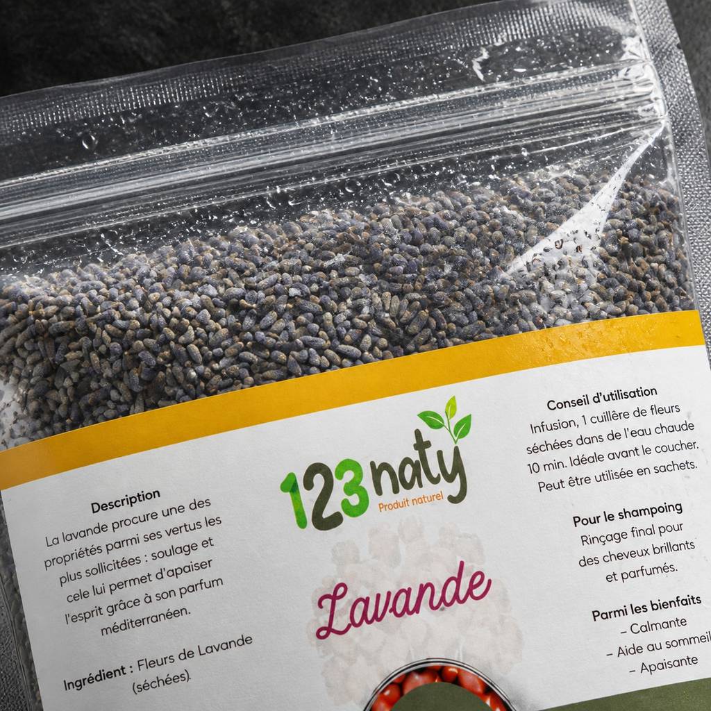 1kg Fleurs de Lavande Séchées – 100% Naturelles – Infusion Apaisante & Bien-être – Qualité | 123NATY — Détail macro du flacon