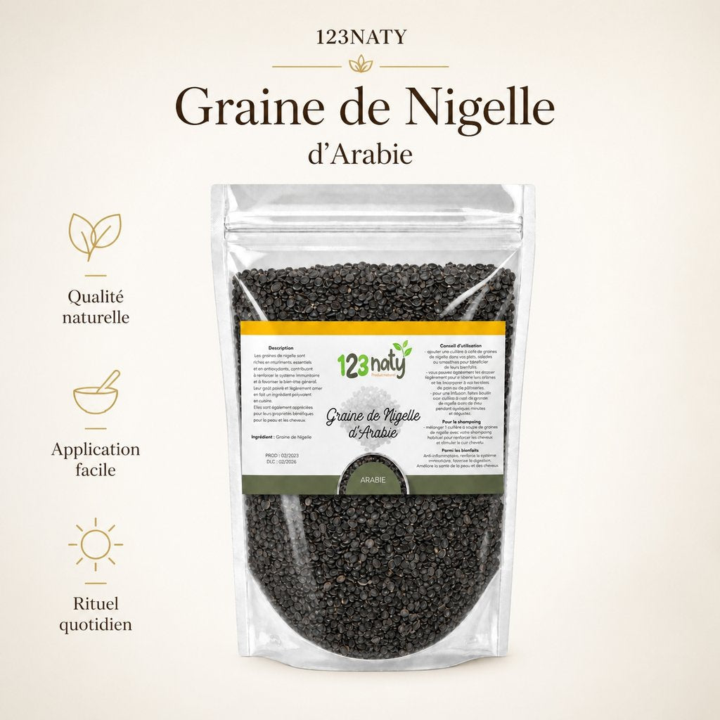 1Kg Graine de Nigelle d’Arabie – Cumin Noir & Naturel | Nigella Sativa | 123NATY — Infographie bénéfices clés