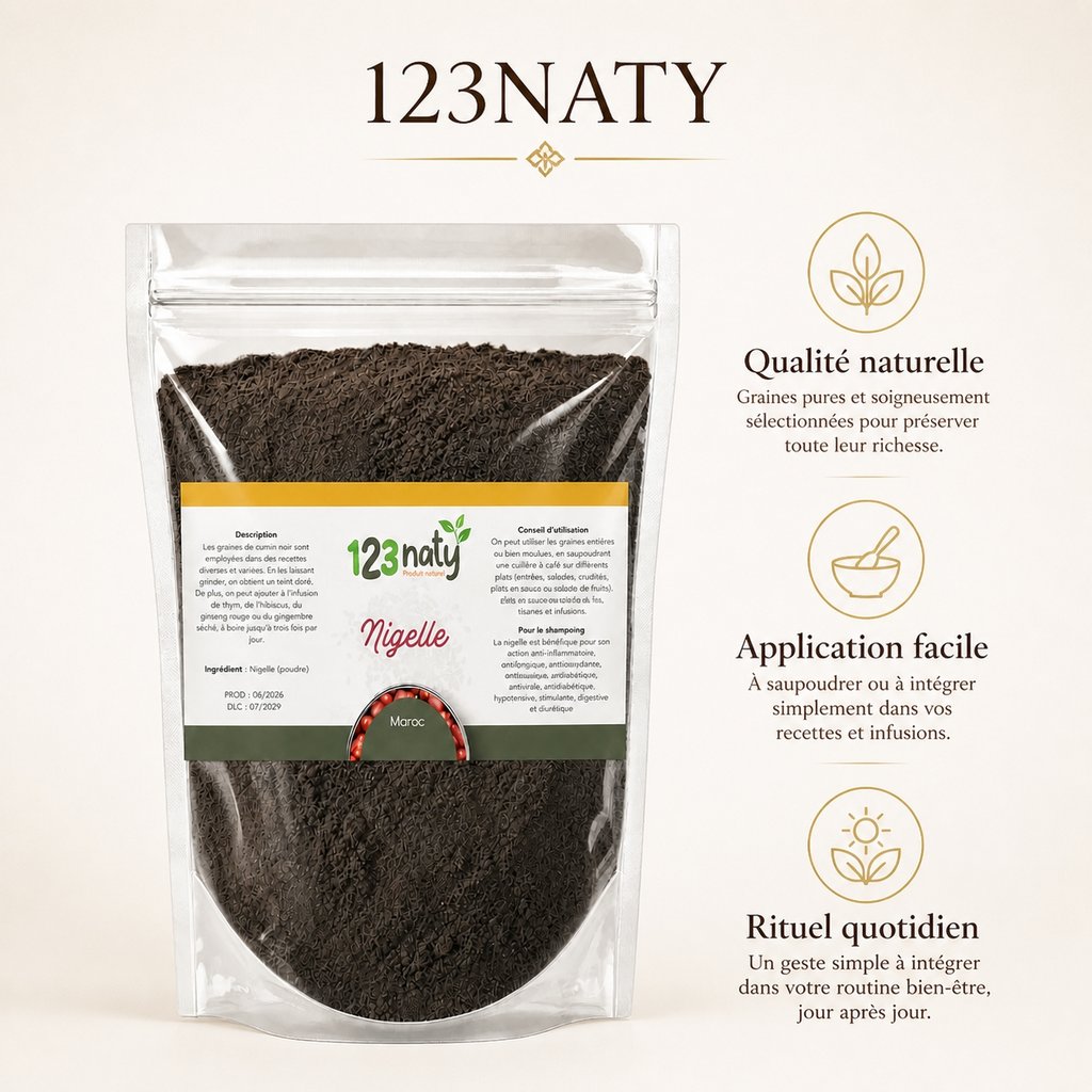 1kg Nigelle en Poudre – 100% Naturelle – Superaliment Santé & Bien-être | 123NATY — Infographie bénéfices clés