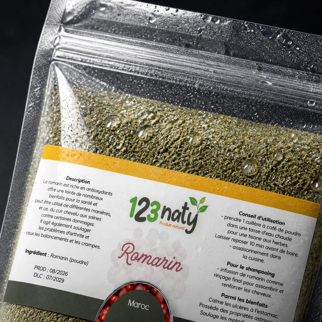 1kg Romarin Poudre | 123NATY — Détail macro du flacon