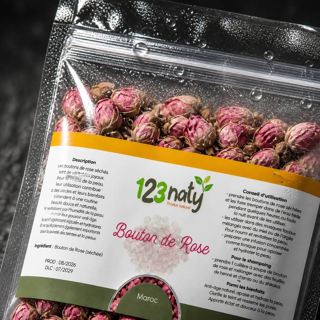 1kg Bouton de Rose Séchée | 123NATY — Détail macro du flacon