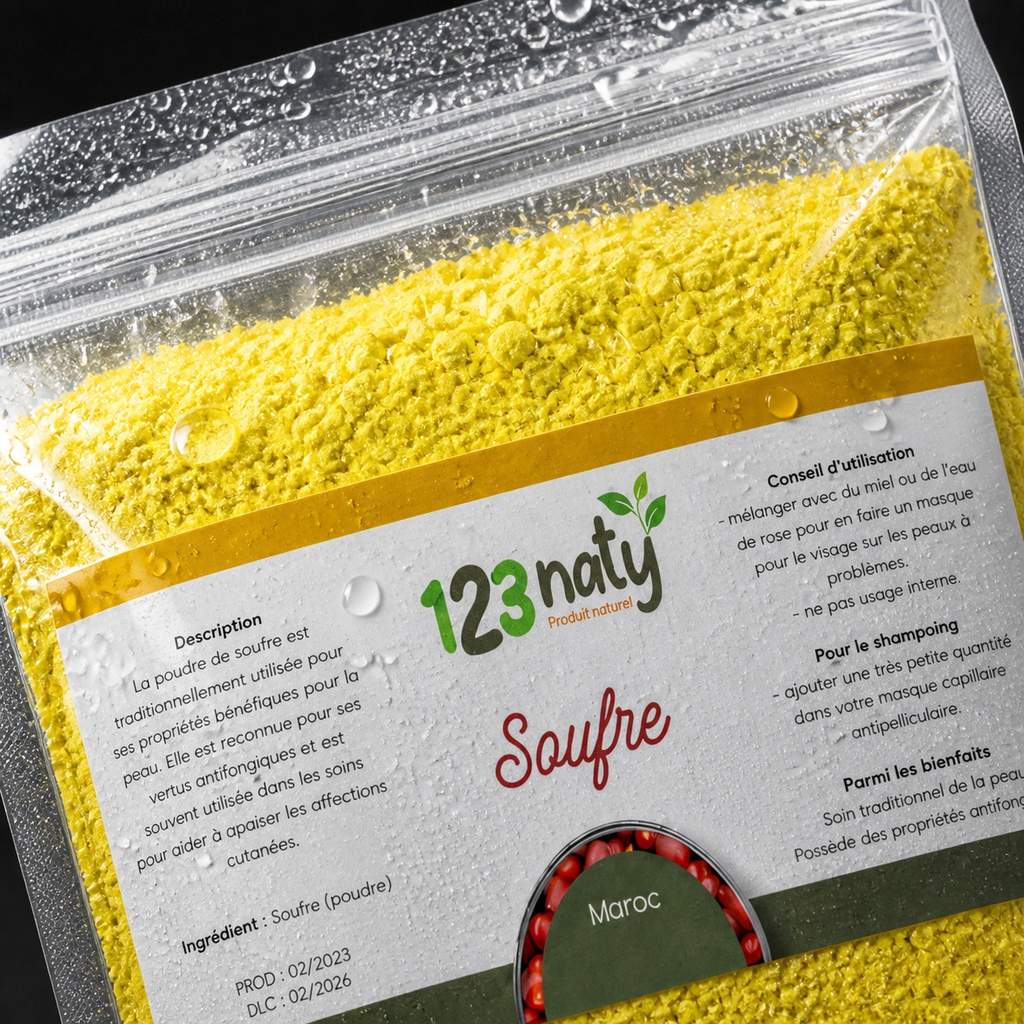 Soufre en poudre 1 kg | 123NATY — Détail macro du flacon