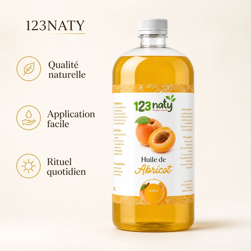 1L Huile d'Abricot | 123NATY — Infographie bénéfices clés
