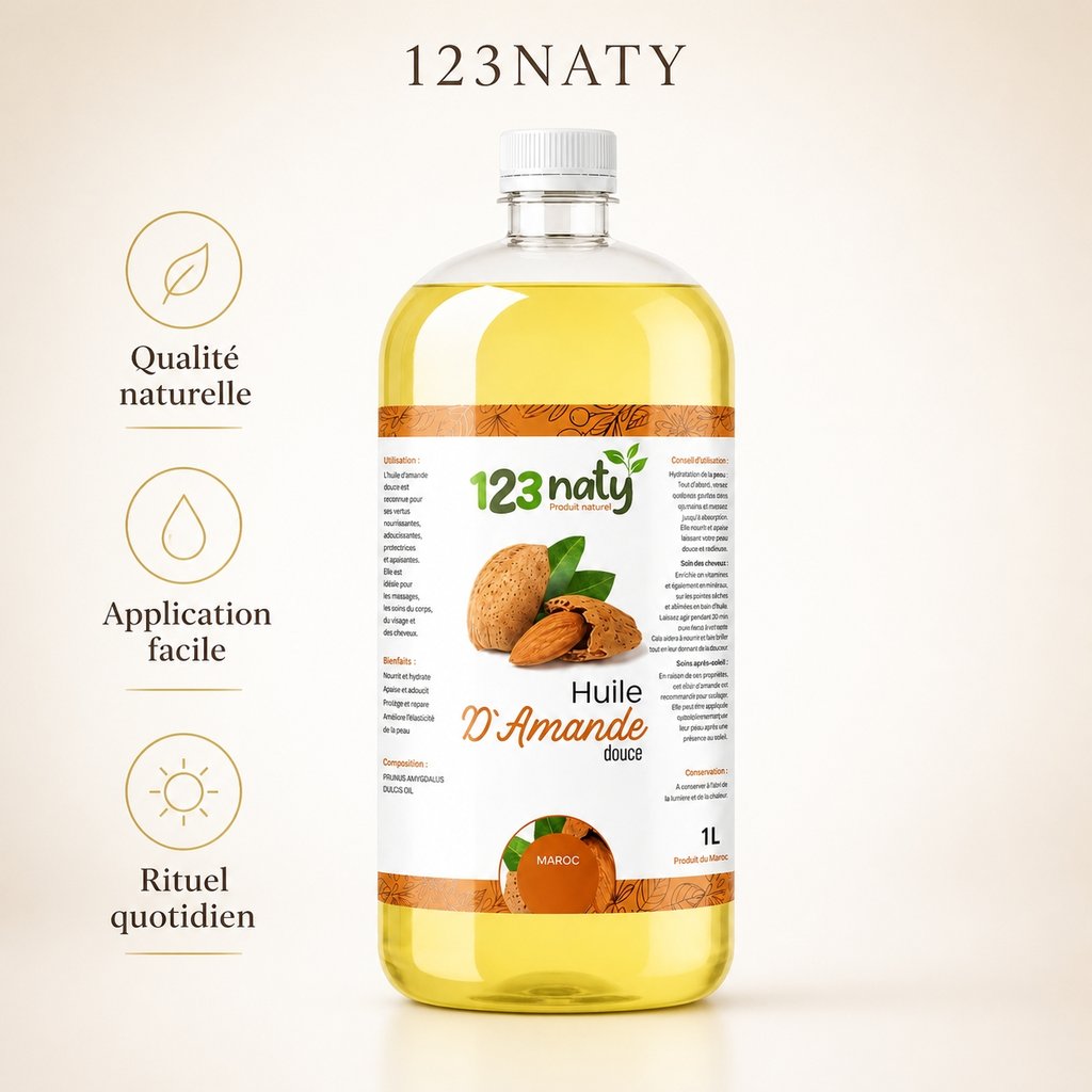 1L Huile d'Amande Douce | 123NATY — Infographie bénéfices clés