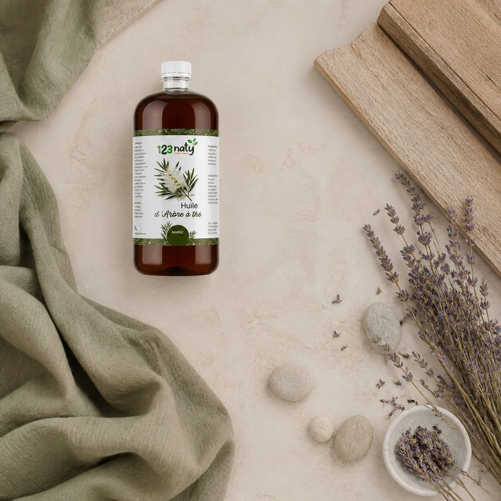1L Huile d'Arbre de Thé Végétale | 123NATY — Ambiance flat lay