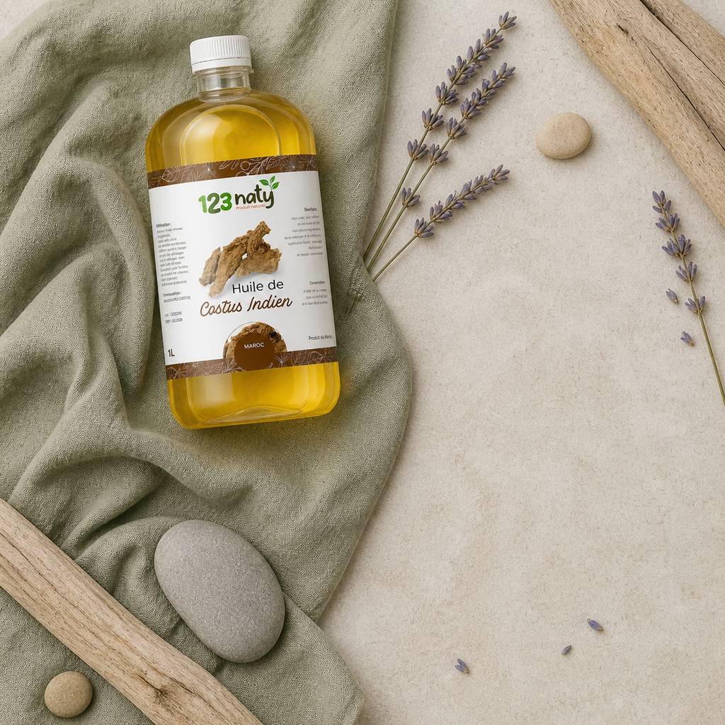 1L Huile de Costus Indien – 100% Naturelle – Vitalité & Détox | 123NATY — Ambiance flat lay