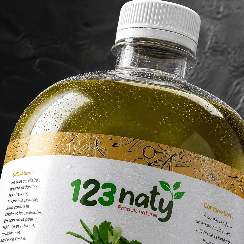 1L Huile de Fenugrec – Soin Corps & Cheveux | 123NATY — Détail macro du flacon