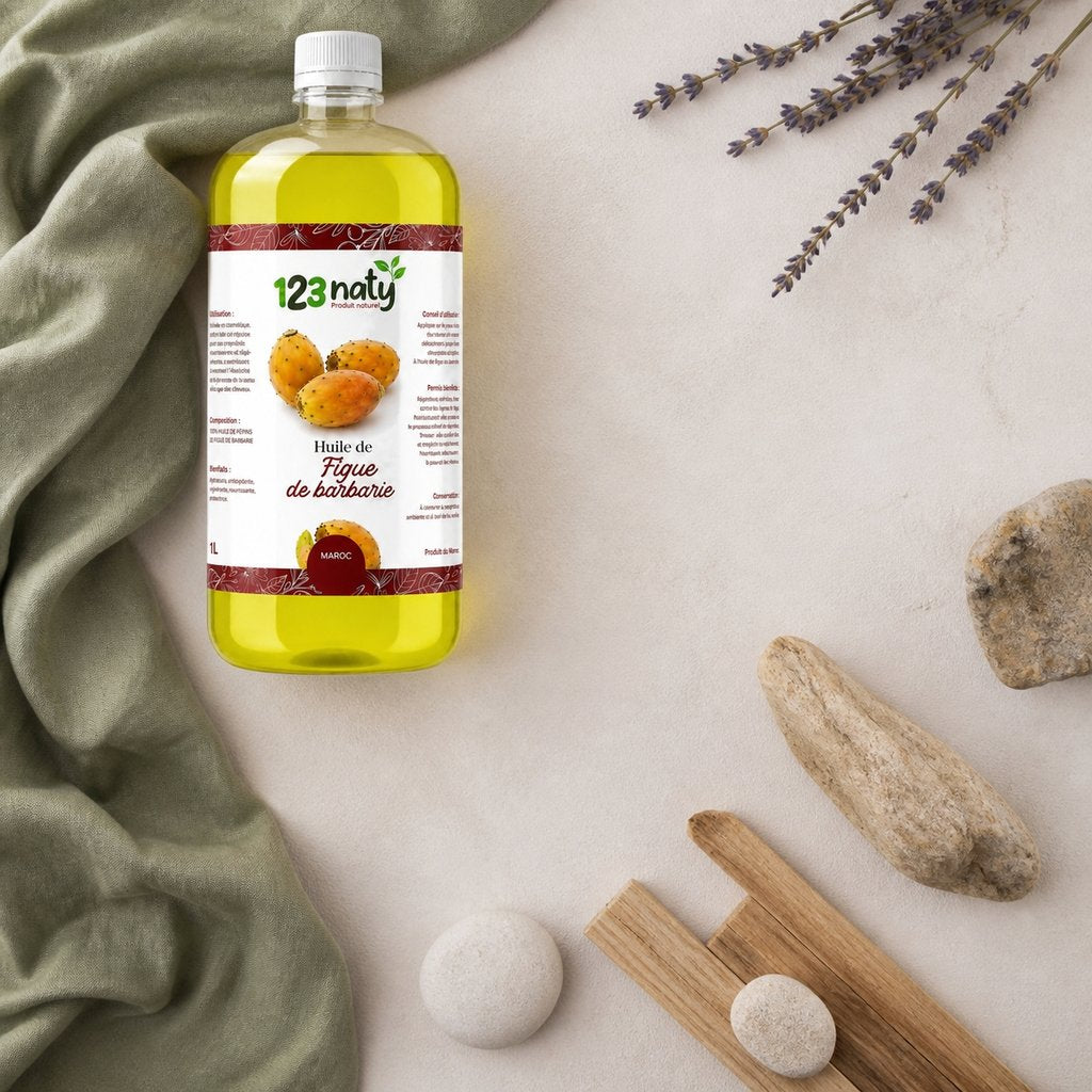 1L Huile de Figue de Barbarie (Macérat) – Soin Anti-Âge & Beauté Naturelle | 123NATY — Ambiance flat lay