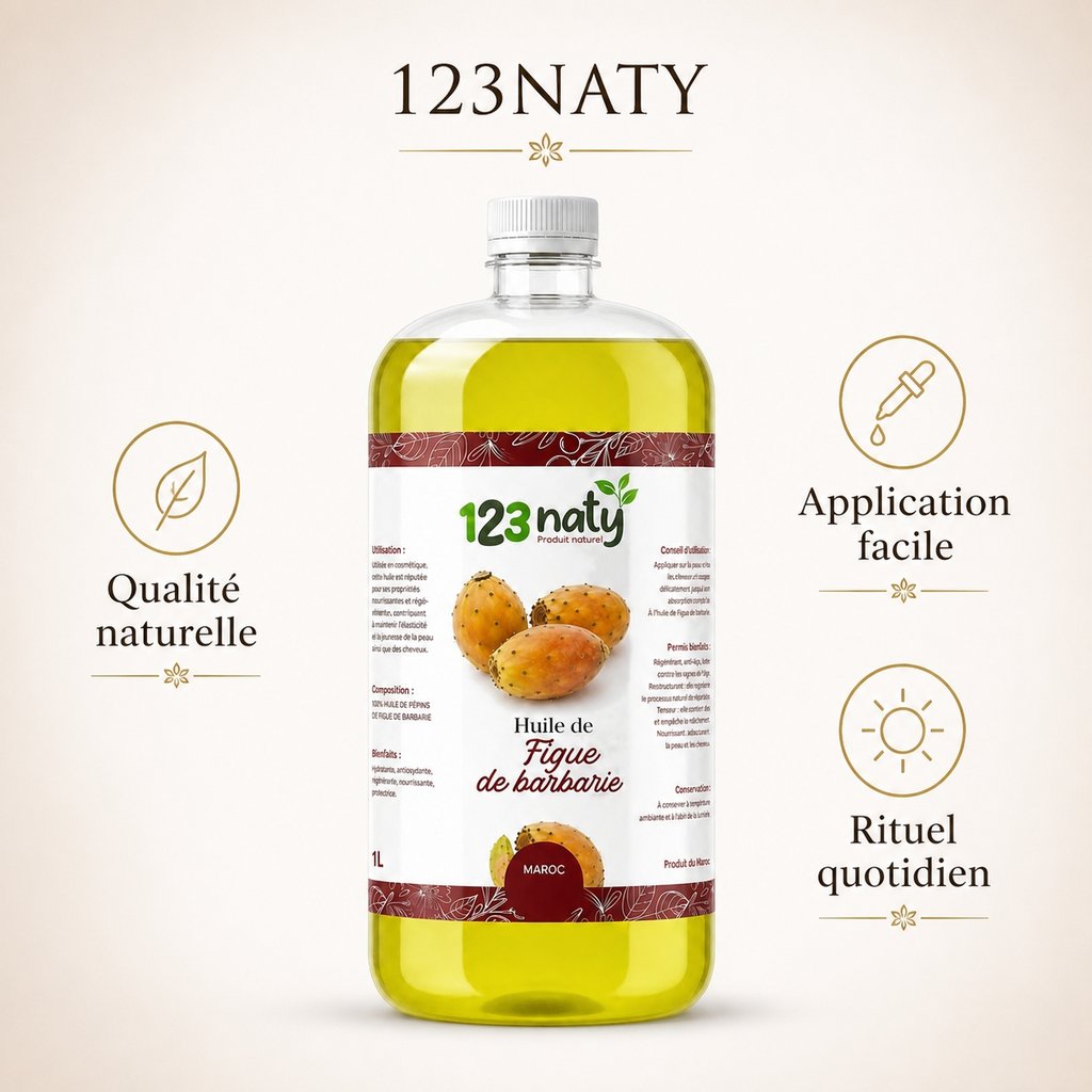 1L Huile de Figue de Barbarie (Macérat) – Soin Anti-Âge & Beauté Naturelle | 123NATY — Infographie bénéfices clés