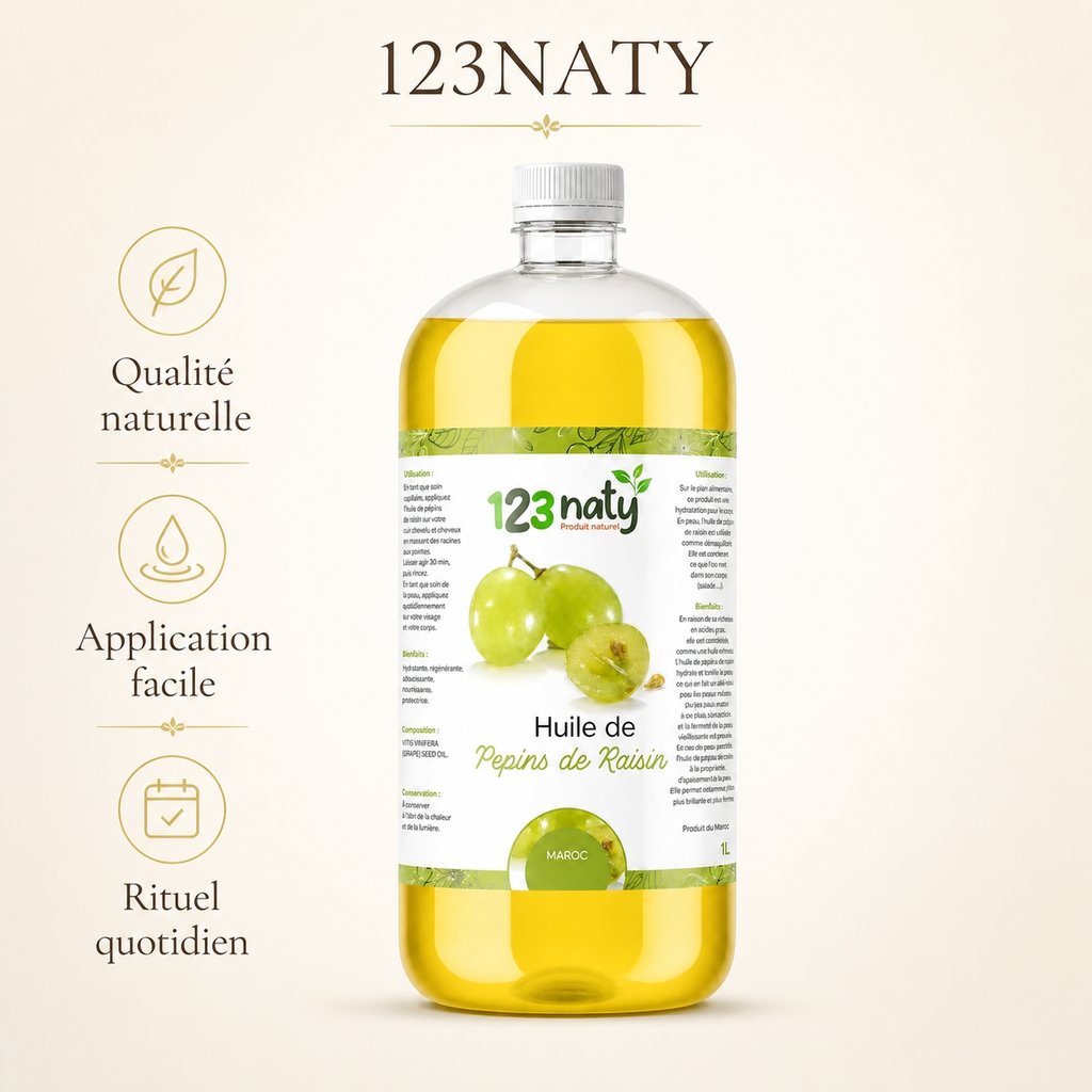 1L Huile de Pépin de Raisin | 123NATY — Infographie bénéfices clés