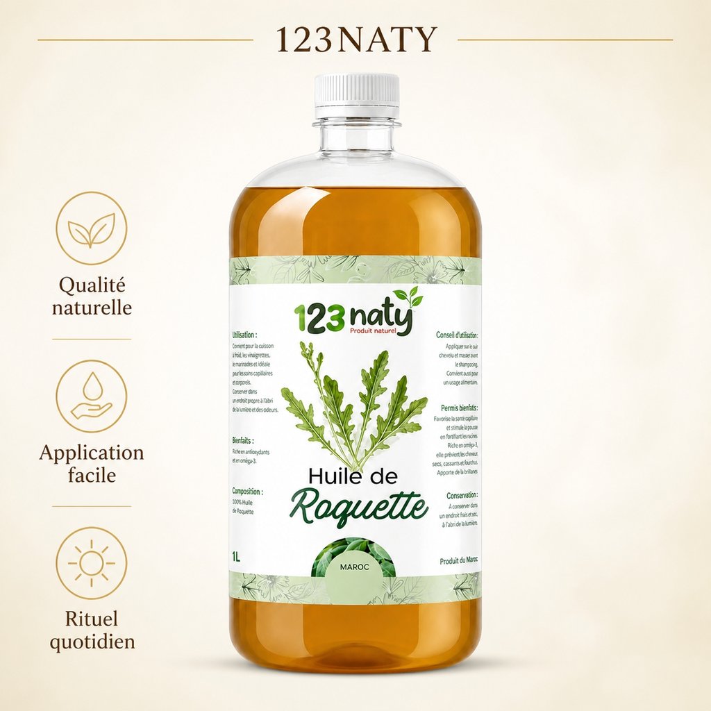 1L Huile de Roquette – Cosmétique Naturelle – Fortifie & Nourrit les Cheveux | 123NATY — Infographie bénéfices clés