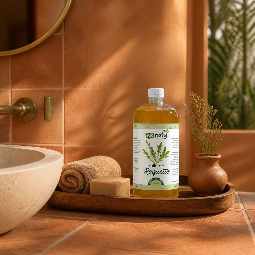 1L Huile de Roquette – Cosmétique Naturelle – Fortifie & Nourrit les Cheveux | 123NATY — Mise en scène d'usage