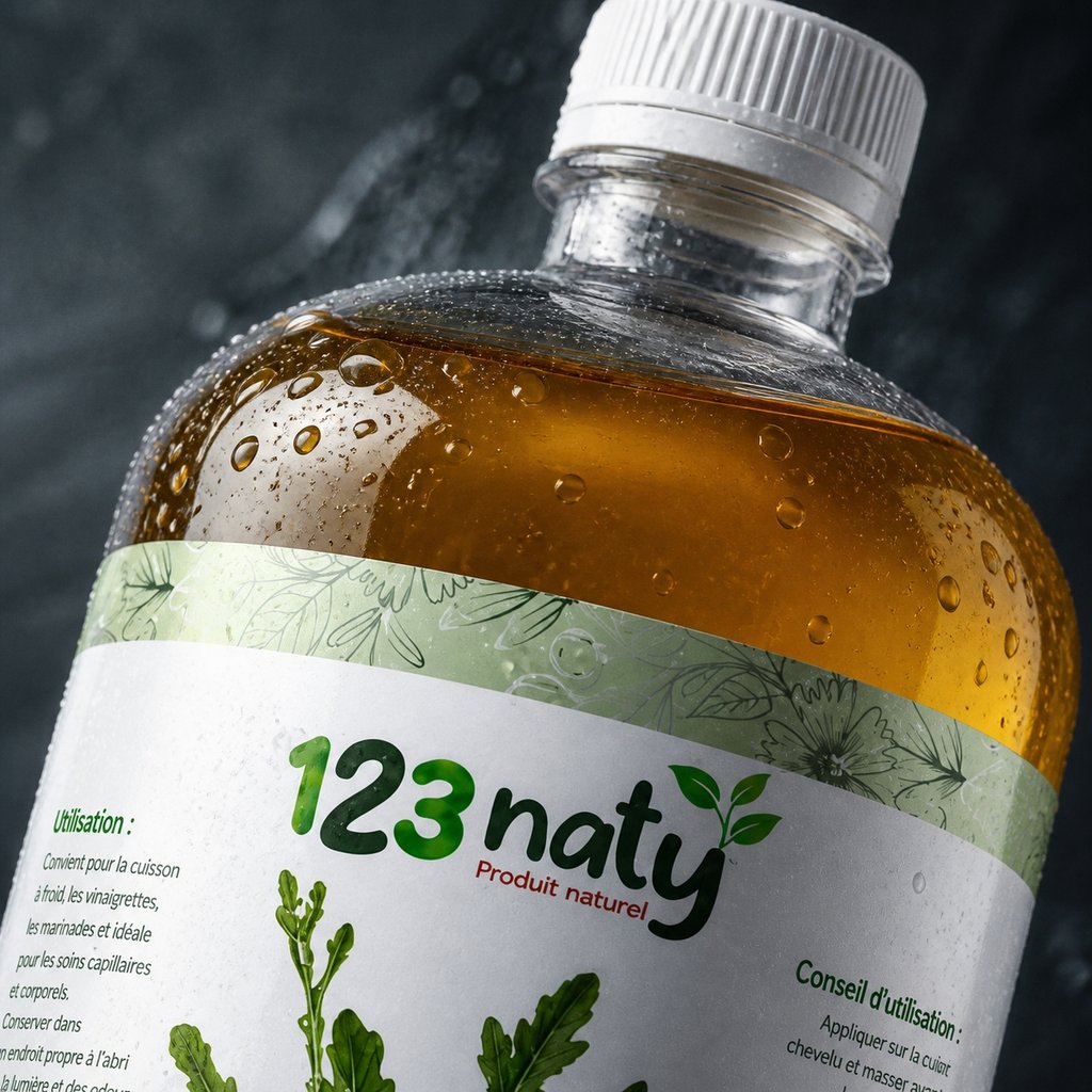 1L Huile de Roquette – Cosmétique Naturelle – Fortifie & Nourrit les Cheveux | 123NATY — Détail macro du flacon
