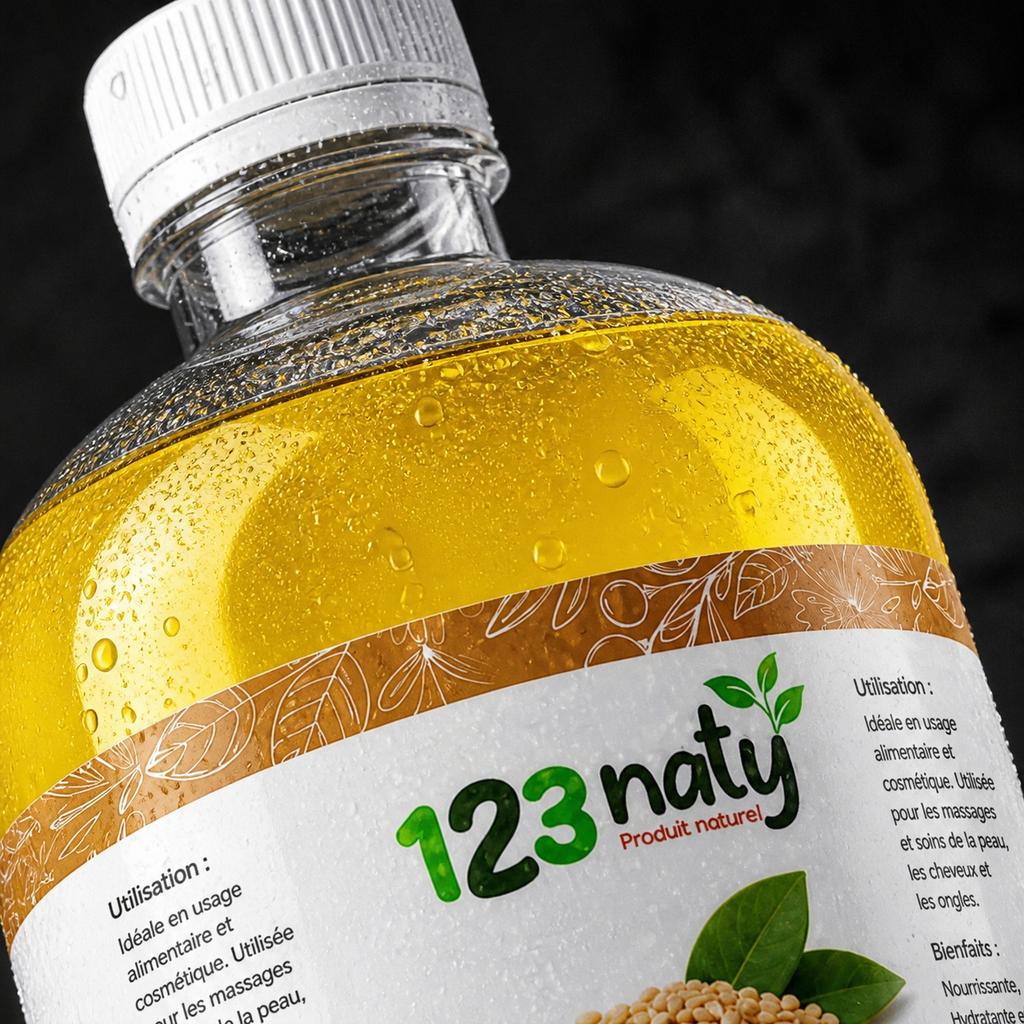 1L Huile de Sésame | 123NATY — Détail macro du flacon