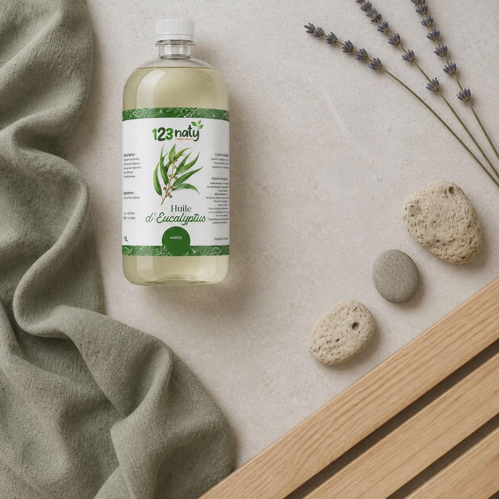 1L Huile d'Eucalyptus | 123NATY — Ambiance flat lay