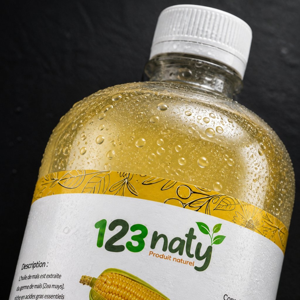 1L Huile Maïs | 123NATY — Détail macro du flacon