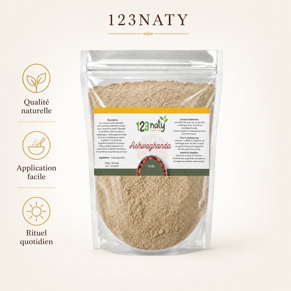 2X 100g Ashwaghanda en Poudre | 123NATY — Infographie bénéfices clés