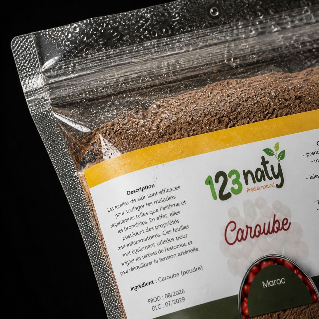 2X 100g Caroube en Poudre | 123NATY — Détail macro du flacon