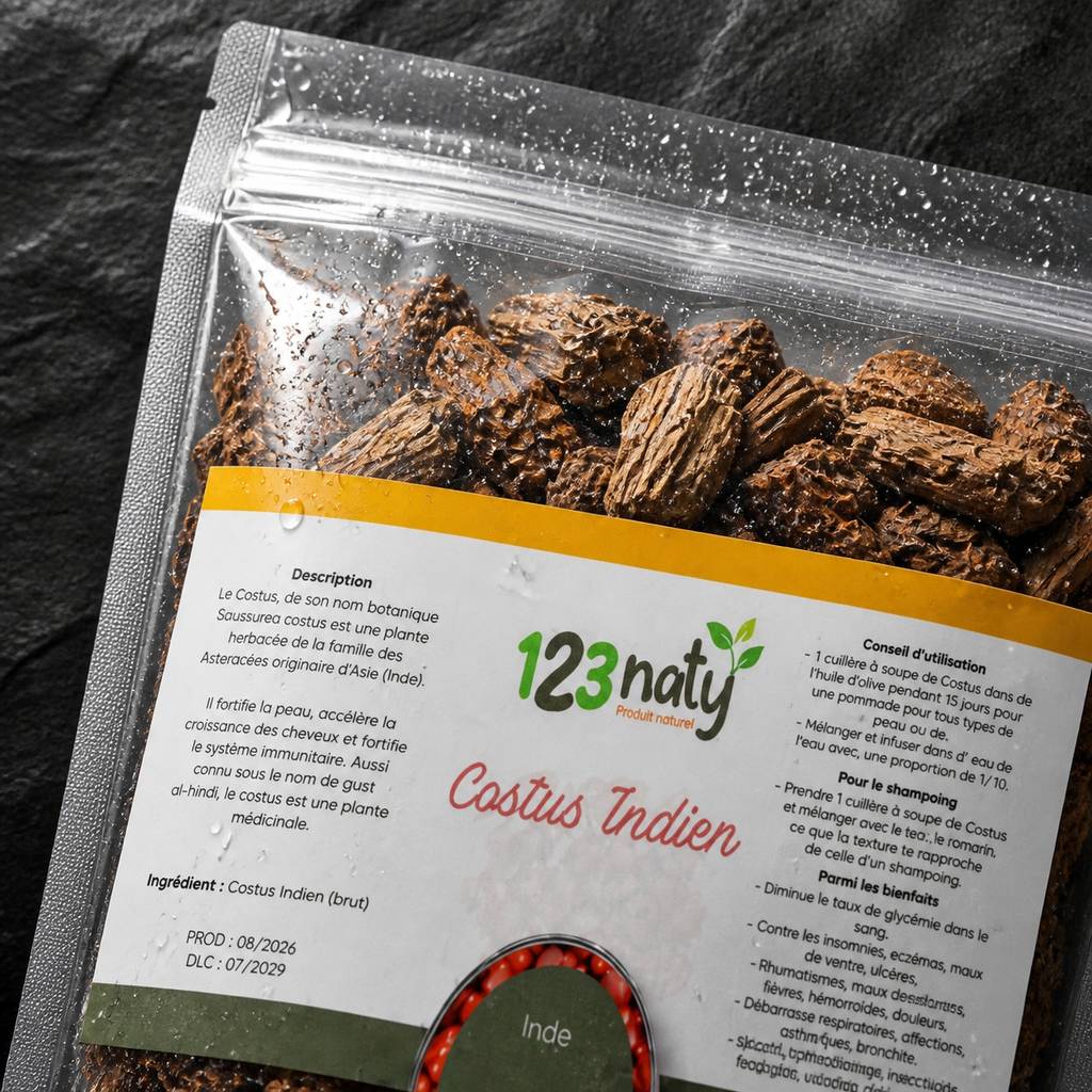 2X 100g Costus Indien Brut | 123NATY — Détail macro du flacon