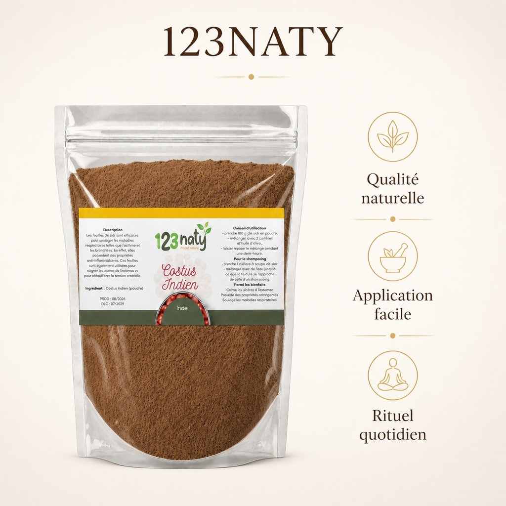 2X 100g Costus Indien en poudre | 123NATY — Infographie bénéfices clés