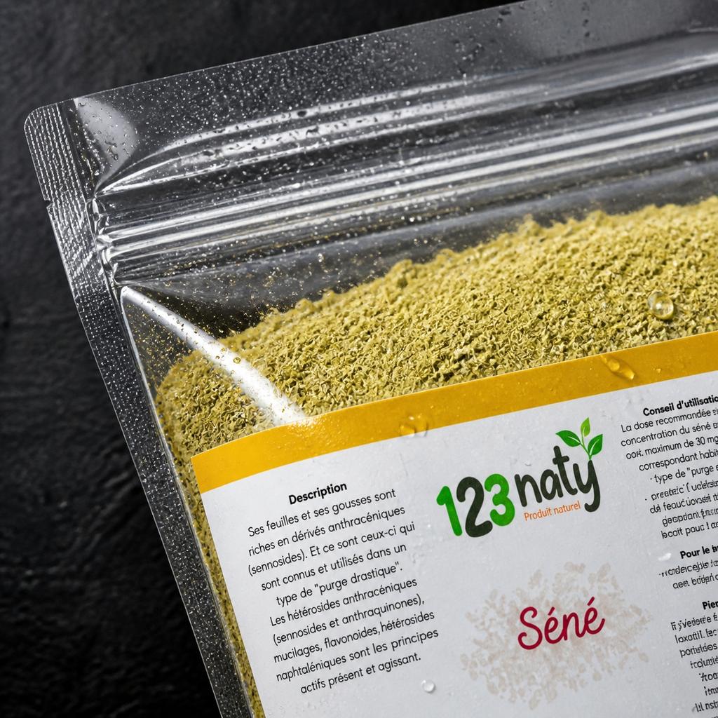 2X 100g Feuille de Séné en Poudre | 123NATY — Détail macro du flacon