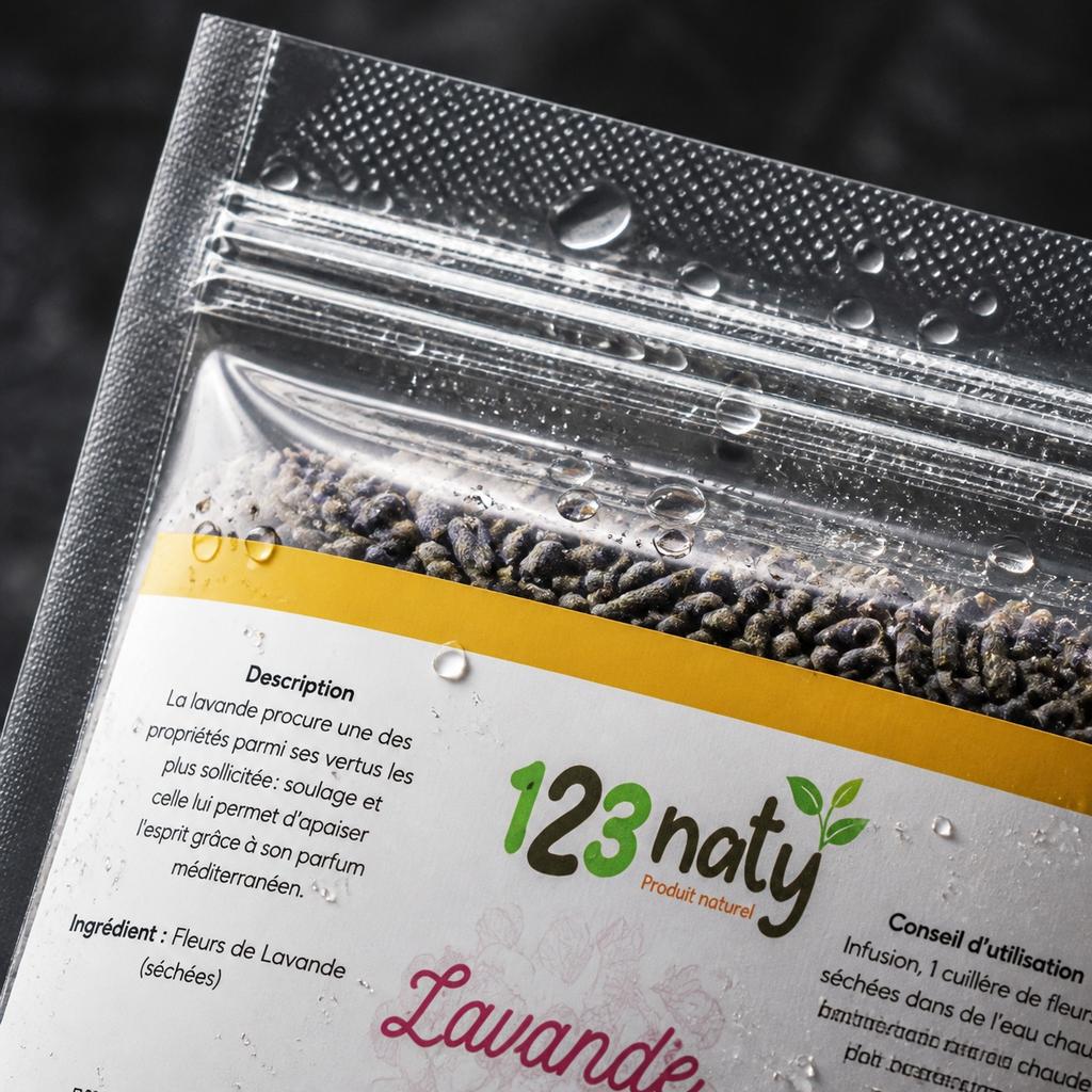 Pack 1kg Fleur de Lavande séché & 1kg Lavande en Poudre | 123NATY — Détail macro du flacon