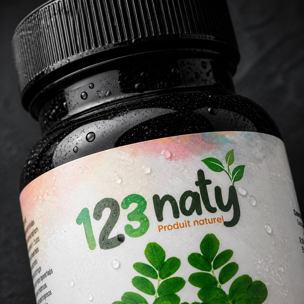 50 Capsules de Moringa | 123NATY — Détail macro du flacon