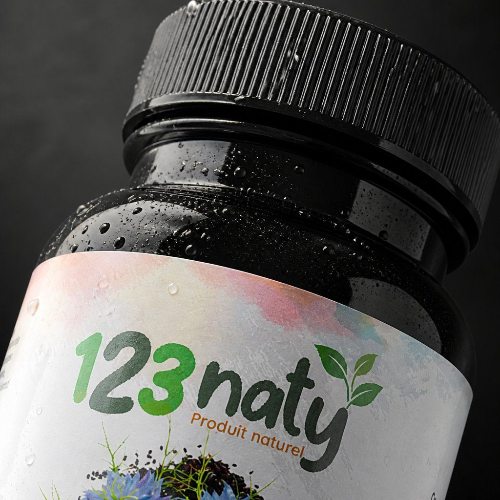 50 Capsules de Nigelle | 123NATY — Détail macro du flacon