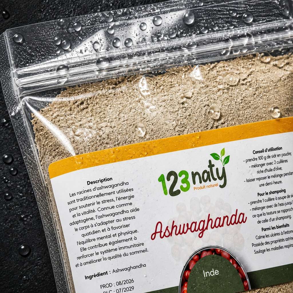 100g Ashwaghanda en Poudre | 123NATY — Détail macro du flacon