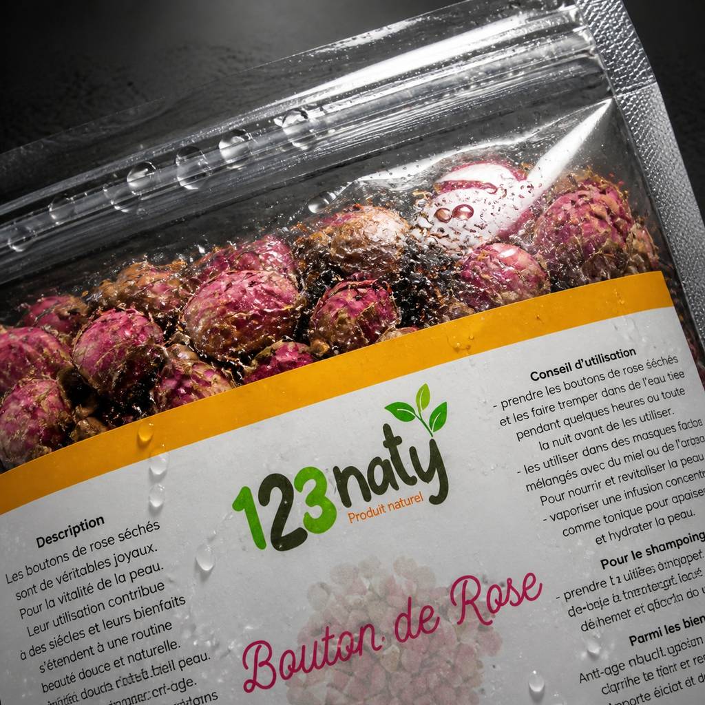 100g Bouton de Rose Séchée | 123NATY — Détail macro du flacon